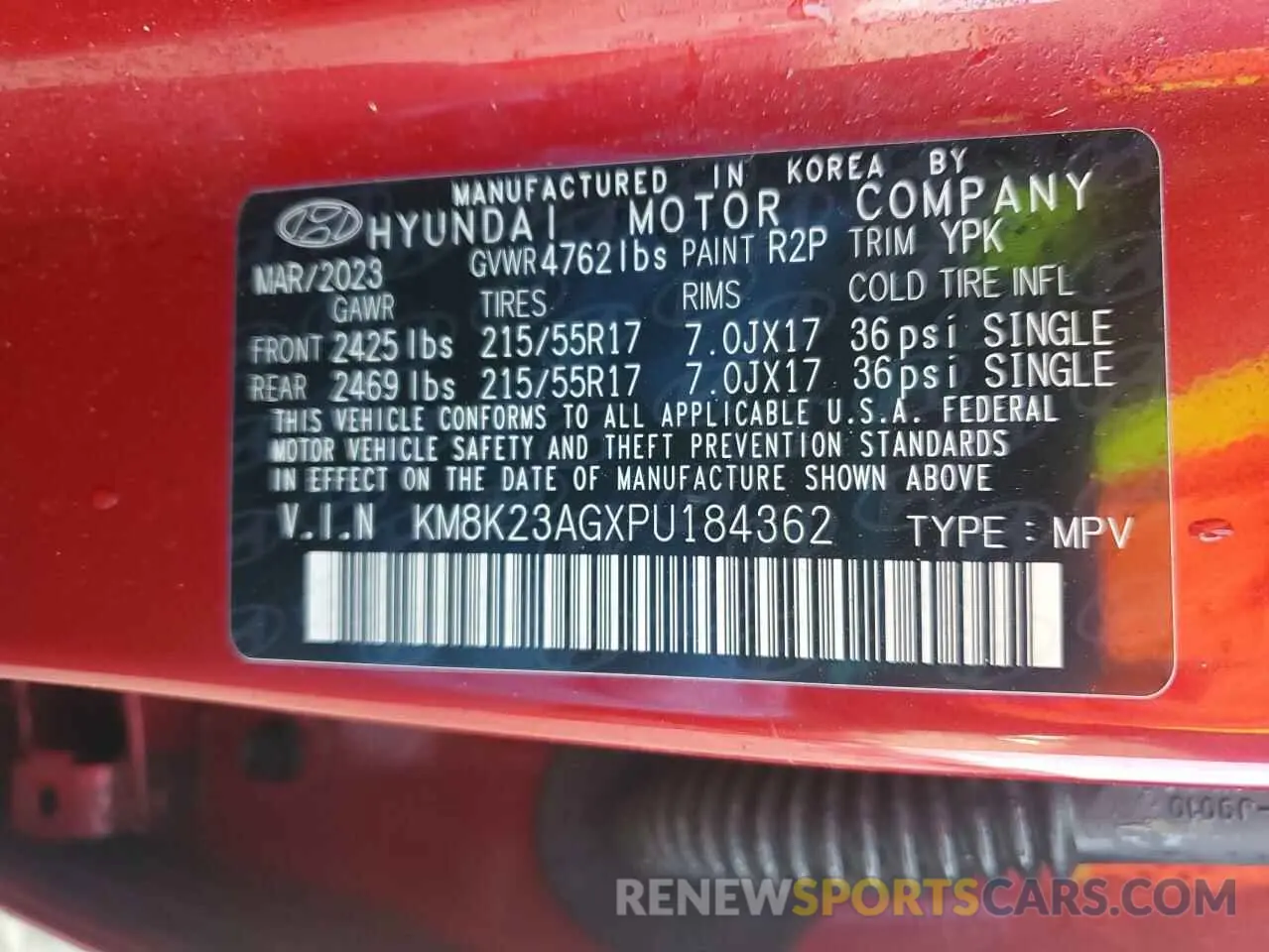 13 fotografías del automóvil dañado KM8K23AGXPU184362 HYUNDAI KONA 2023