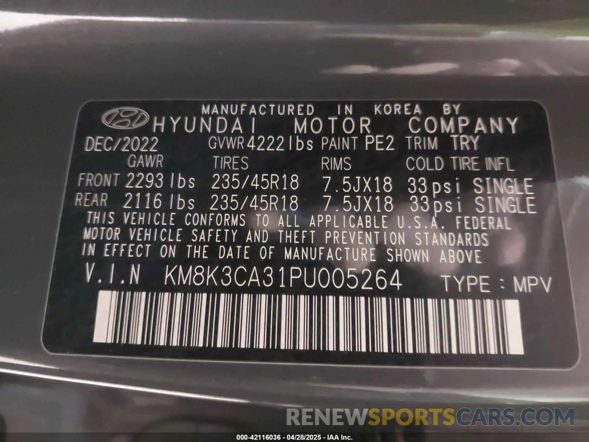 9 fotografías del automóvil dañado KM8K3CA31PU005264 HYUNDAI KONA 2023