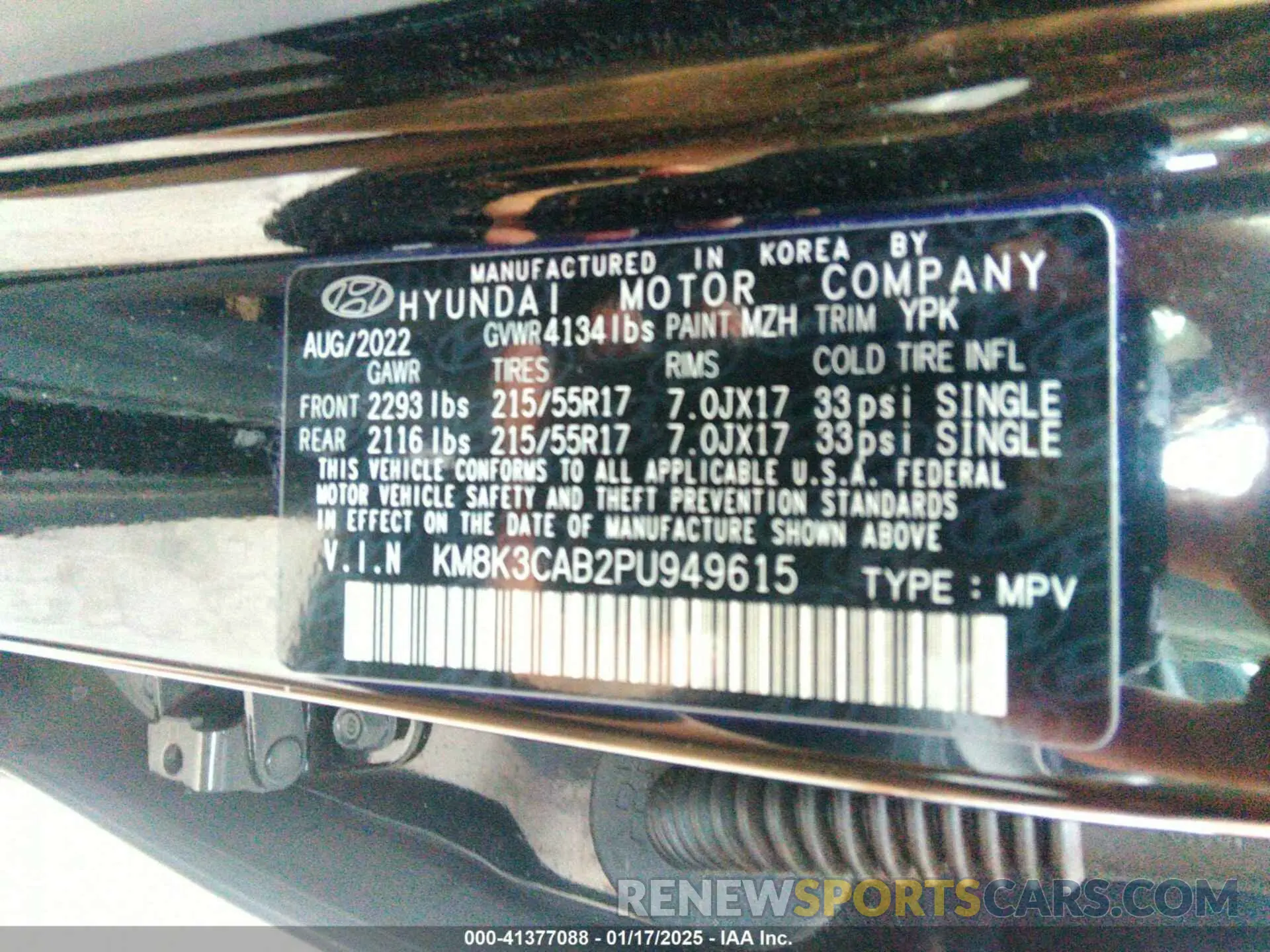 9 fotografías del automóvil dañado KM8K3CAB2PU949615 HYUNDAI KONA 2023