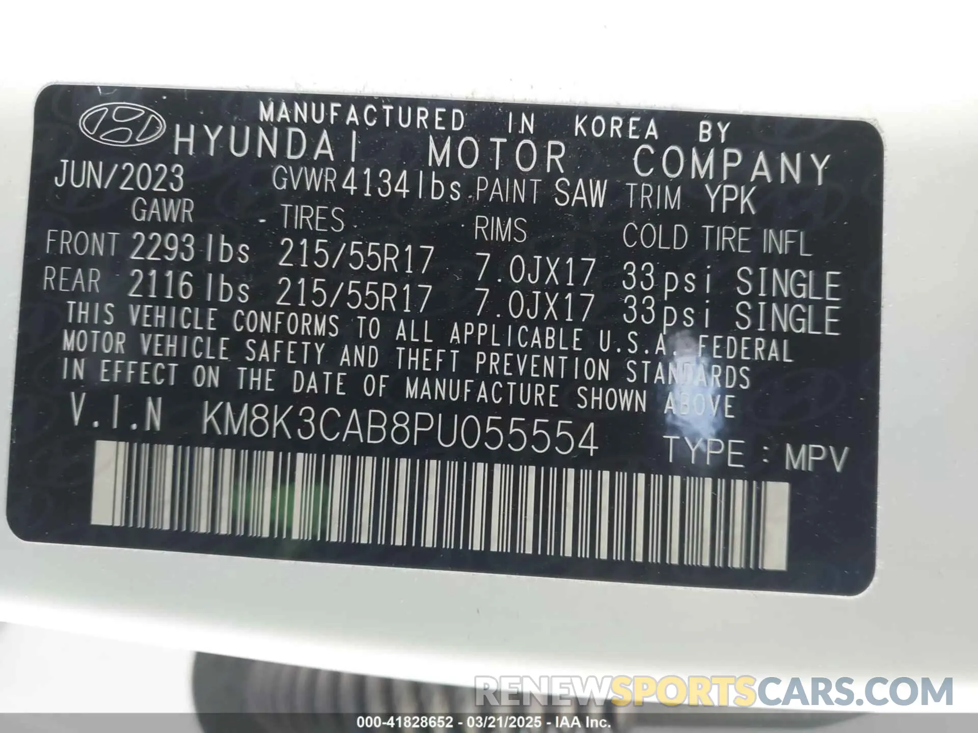 9 fotografías del automóvil dañado KM8K3CAB8PU055554 HYUNDAI KONA 2023