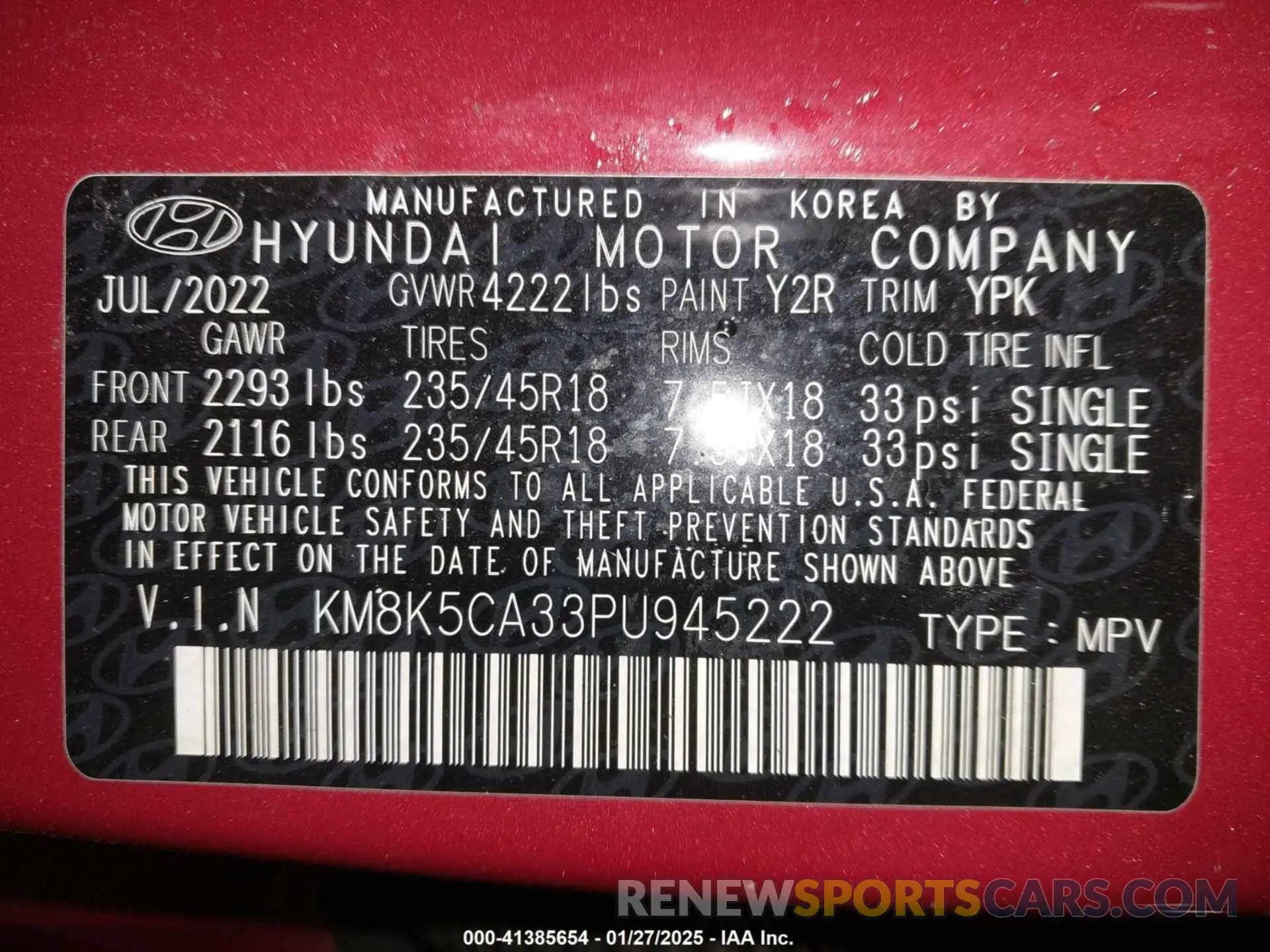9 fotografías del automóvil dañado KM8K5CA33PU945222 HYUNDAI KONA 2023