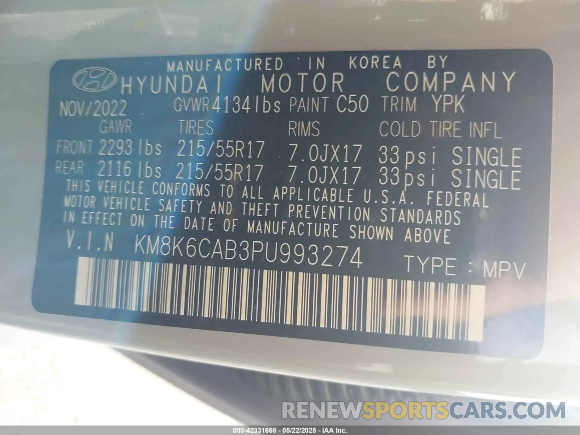9 fotografías del automóvil dañado KM8K6CAB3PU993274 HYUNDAI KONA 2023