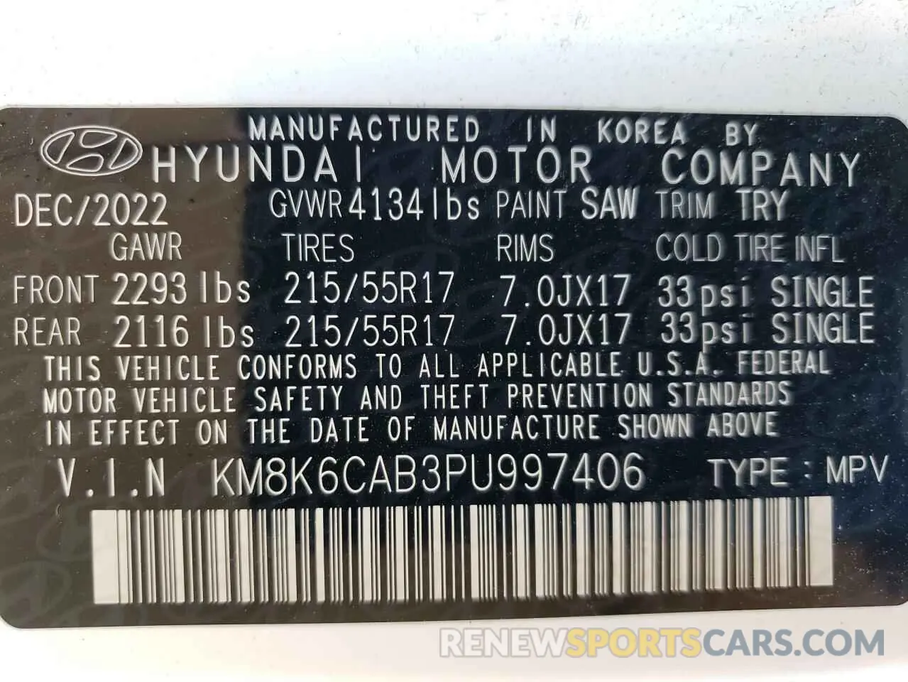 13 fotografías del automóvil dañado KM8K6CAB3PU997406 HYUNDAI KONA 2023