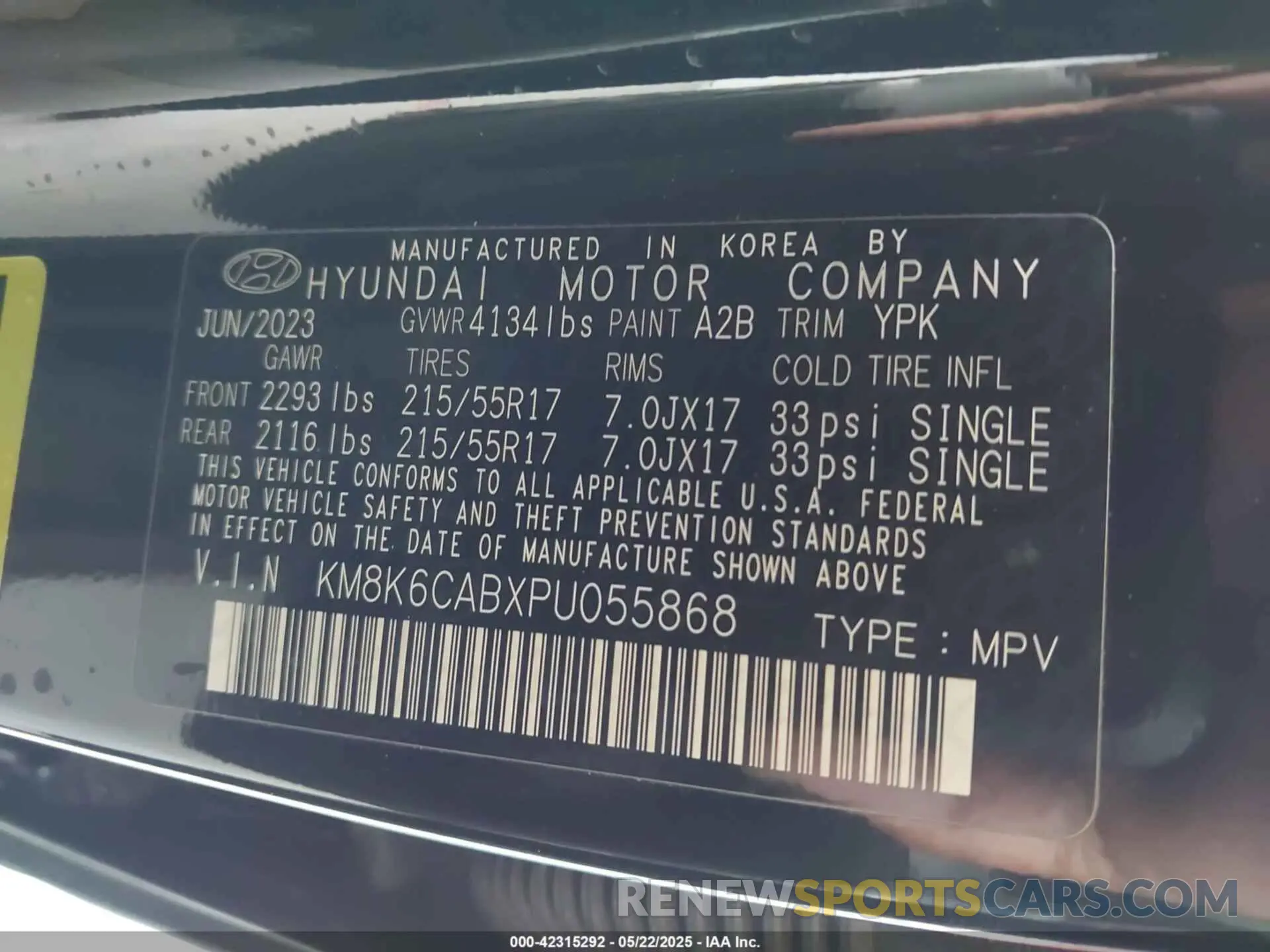 9 fotografías del automóvil dañado KM8K6CABXPU055868 HYUNDAI KONA 2023