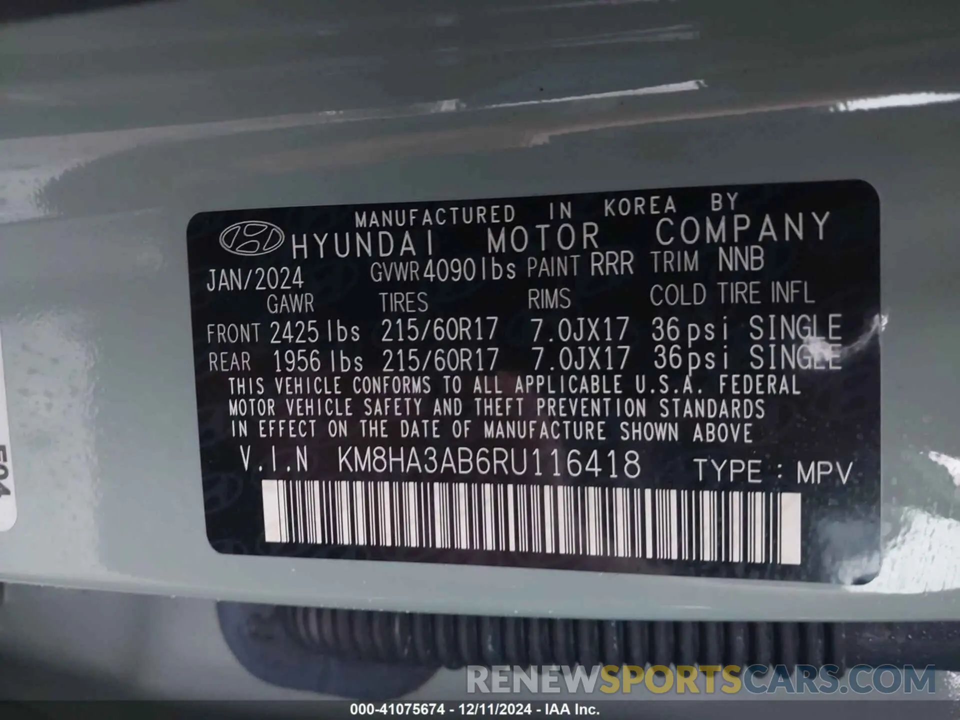 9 fotografías del automóvil dañado KM8HA3AB6RU116418 HYUNDAI KONA 2024