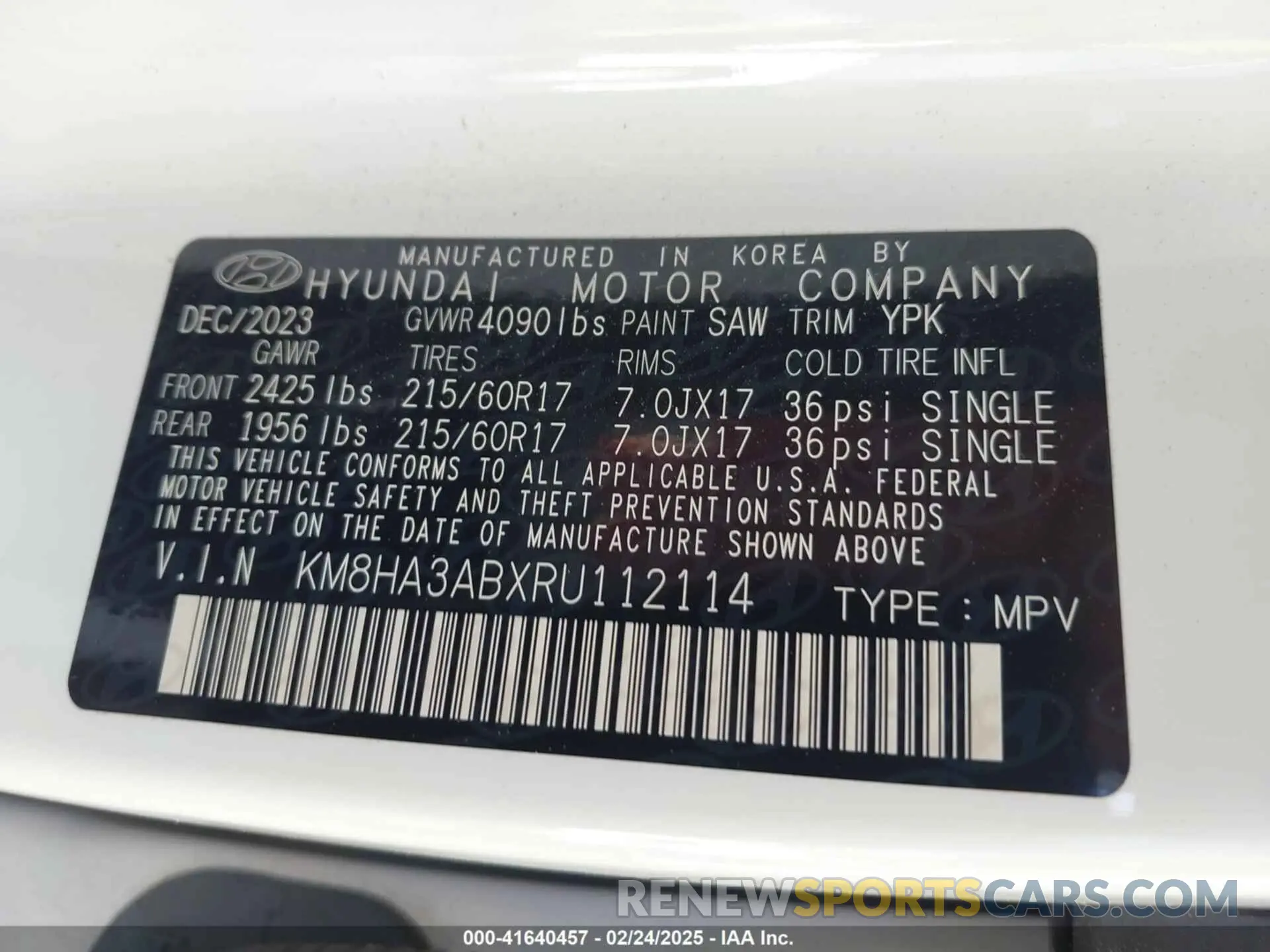 9 fotografías del automóvil dañado KM8HA3ABXRU112114 HYUNDAI KONA 2024