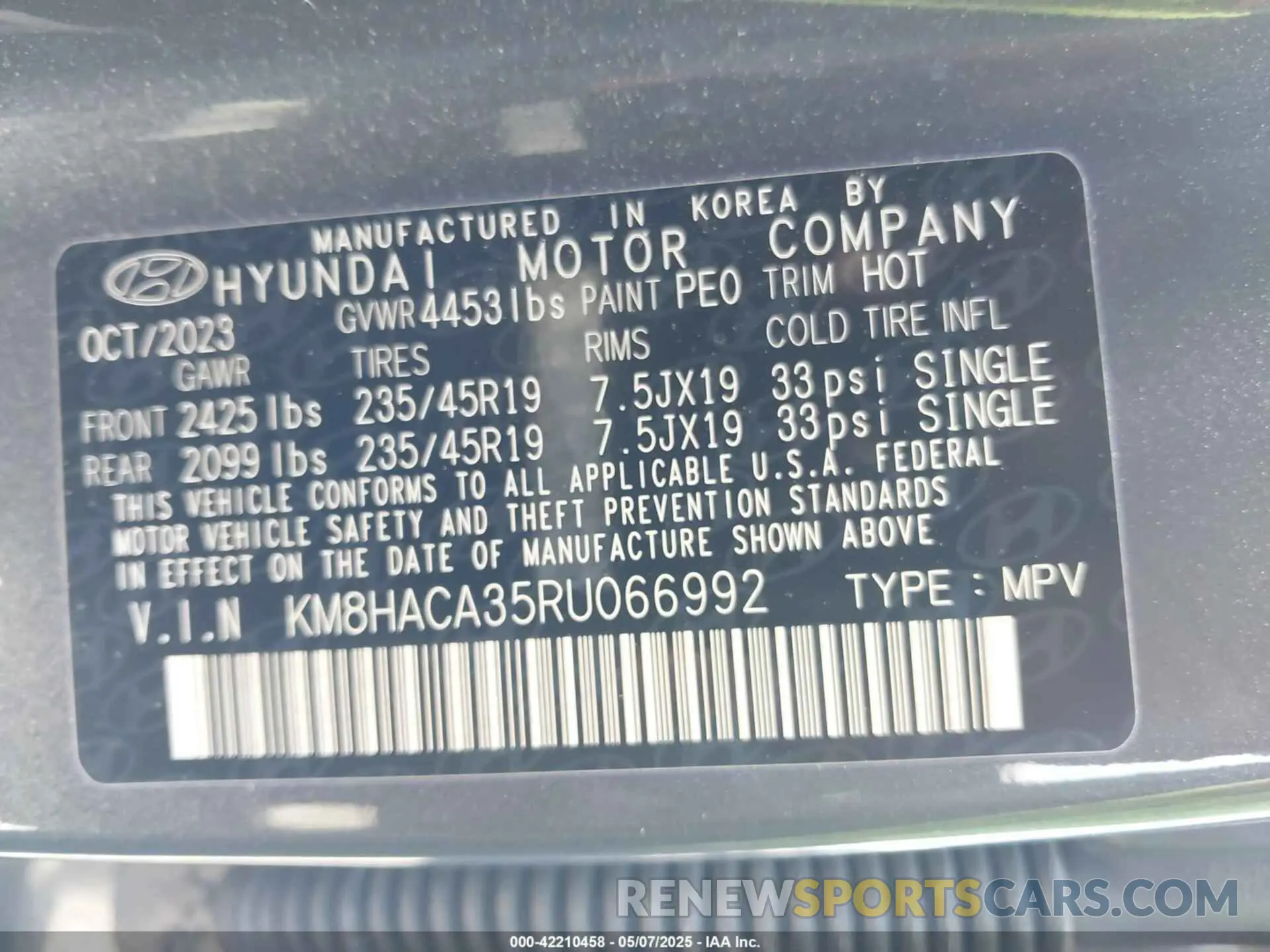 9 fotografías del automóvil dañado KM8HACA35RU066992 HYUNDAI KONA 2024