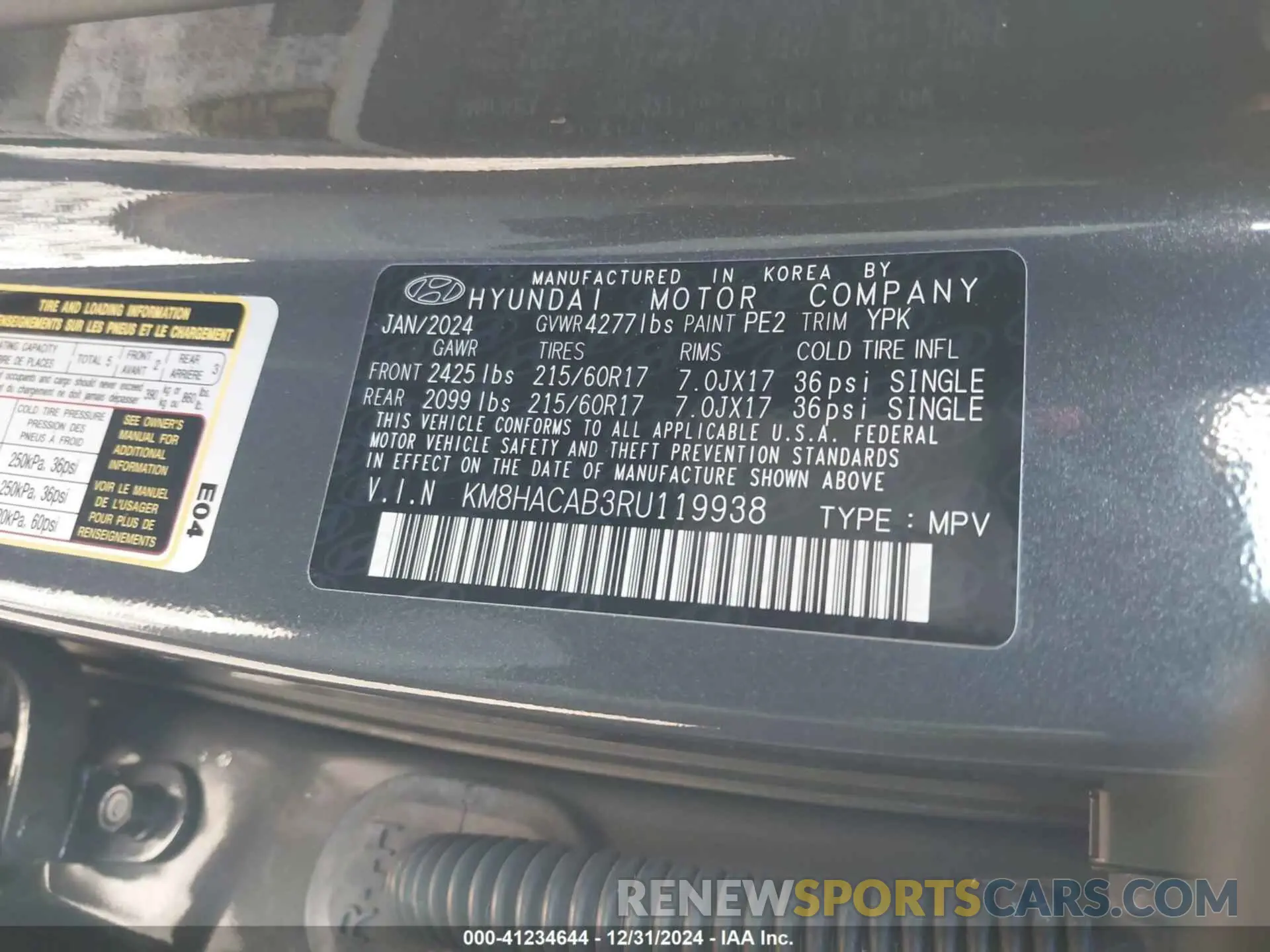 9 fotografías del automóvil dañado KM8HACAB3RU119938 HYUNDAI KONA 2024