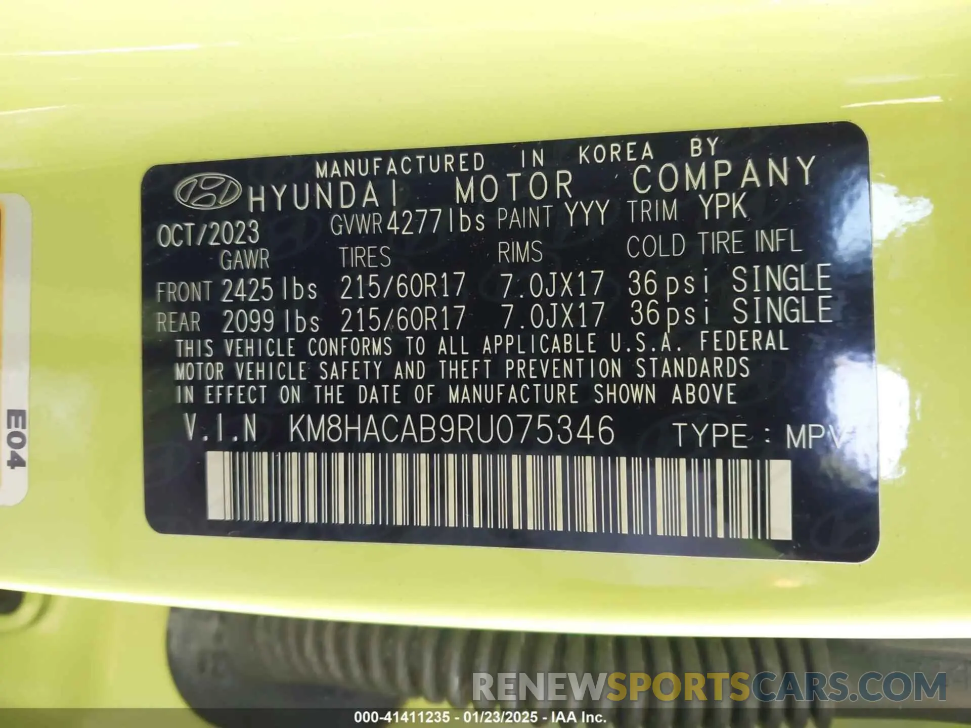 9 fotografías del automóvil dañado KM8HACAB9RU075346 HYUNDAI KONA 2024