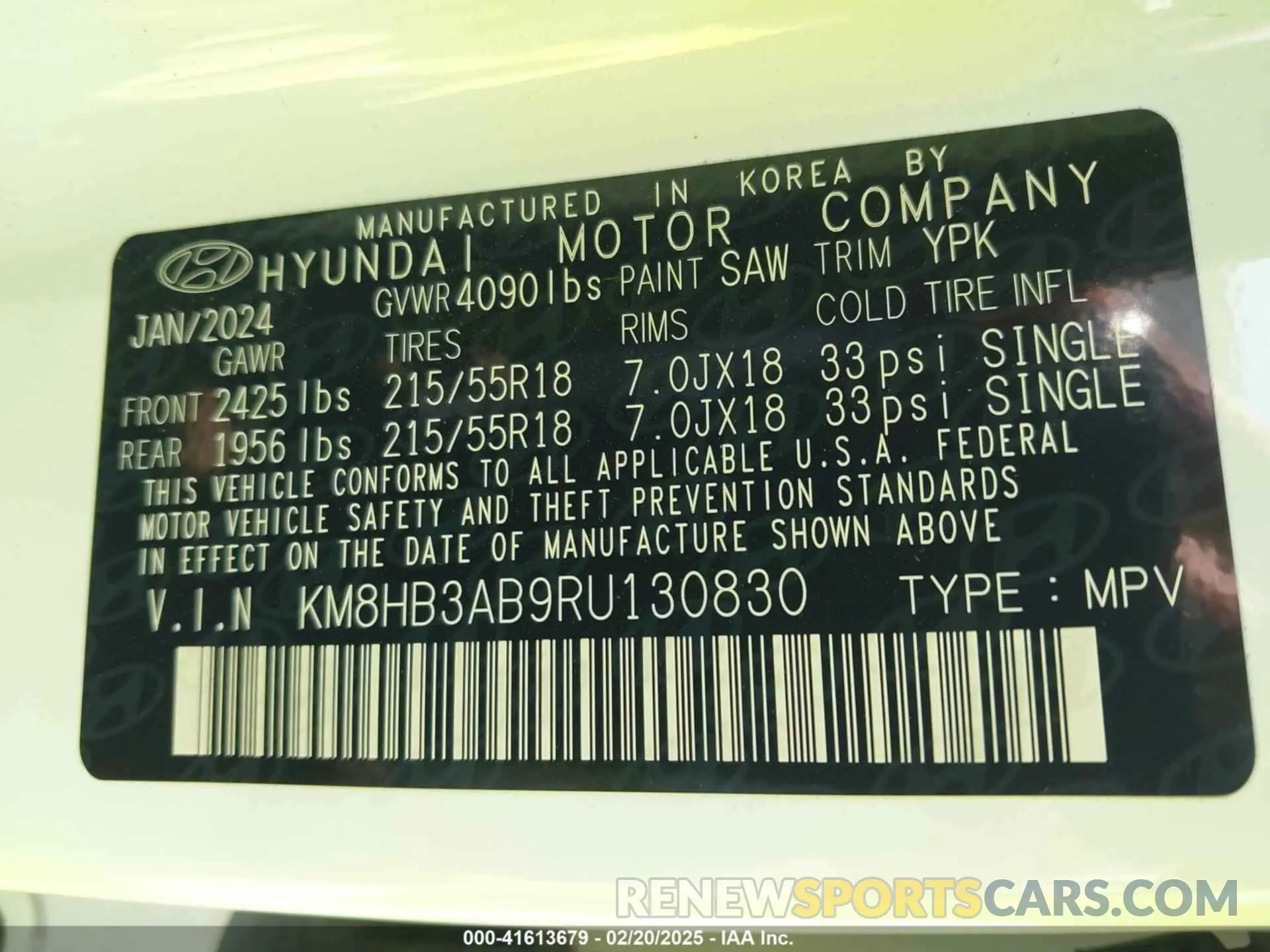 9 fotografías del automóvil dañado KM8HB3AB9RU130830 HYUNDAI KONA 2024