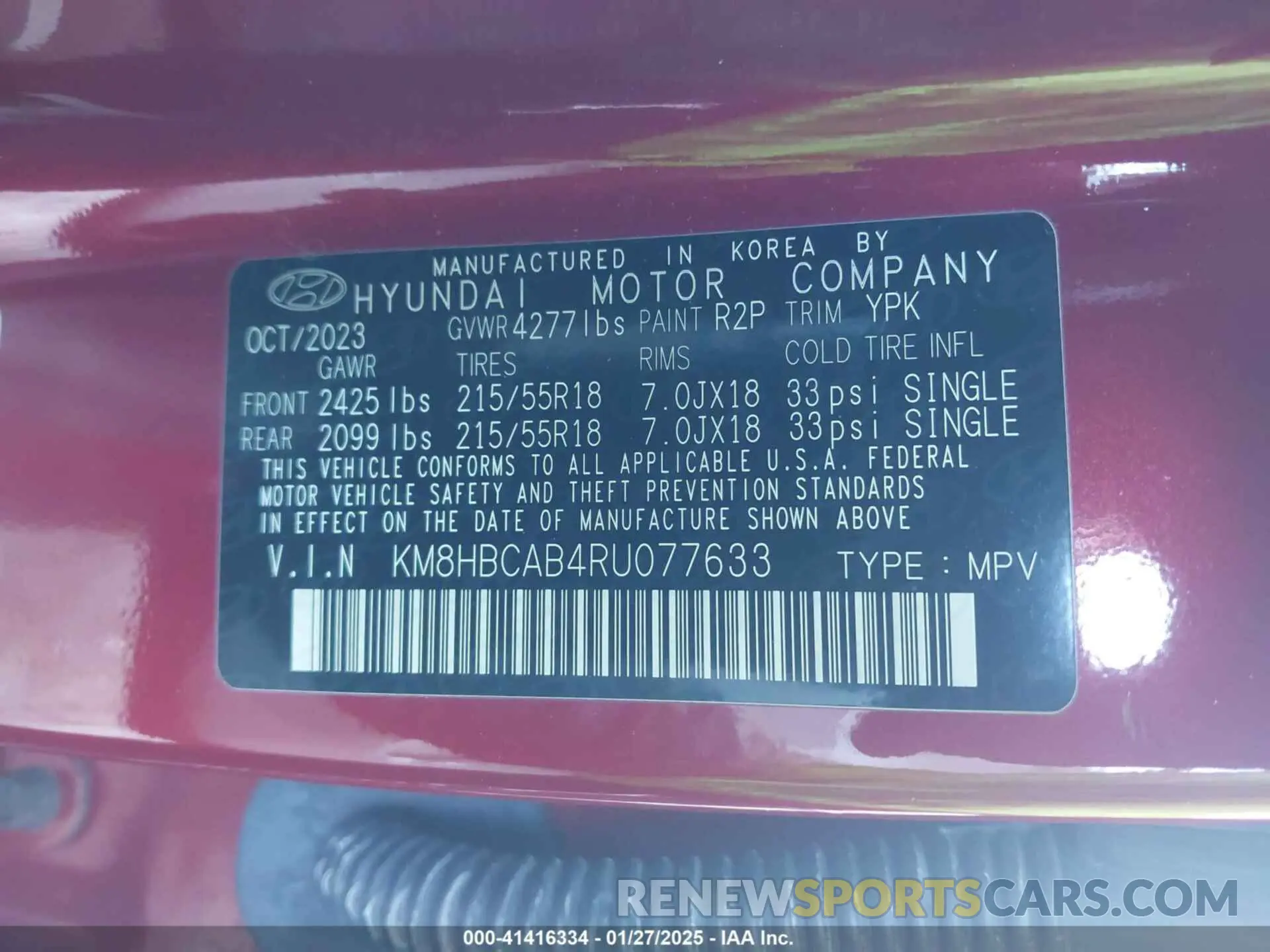 9 fotografías del automóvil dañado KM8HBCAB4RU077633 HYUNDAI KONA 2024