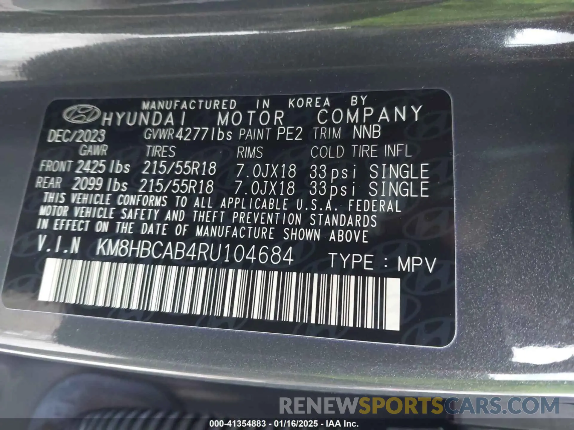 9 fotografías del automóvil dañado KM8HBCAB4RU104684 HYUNDAI KONA 2024