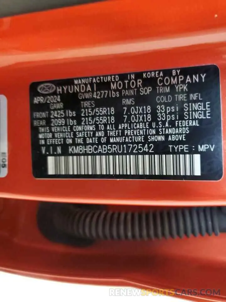 14 fotografías del automóvil dañado KM8HBCAB5RU172542 HYUNDAI KONA 2024