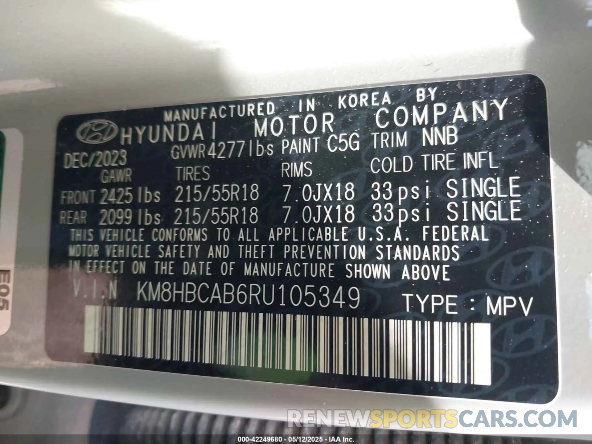9 fotografías del automóvil dañado KM8HBCAB6RU105349 HYUNDAI KONA 2024