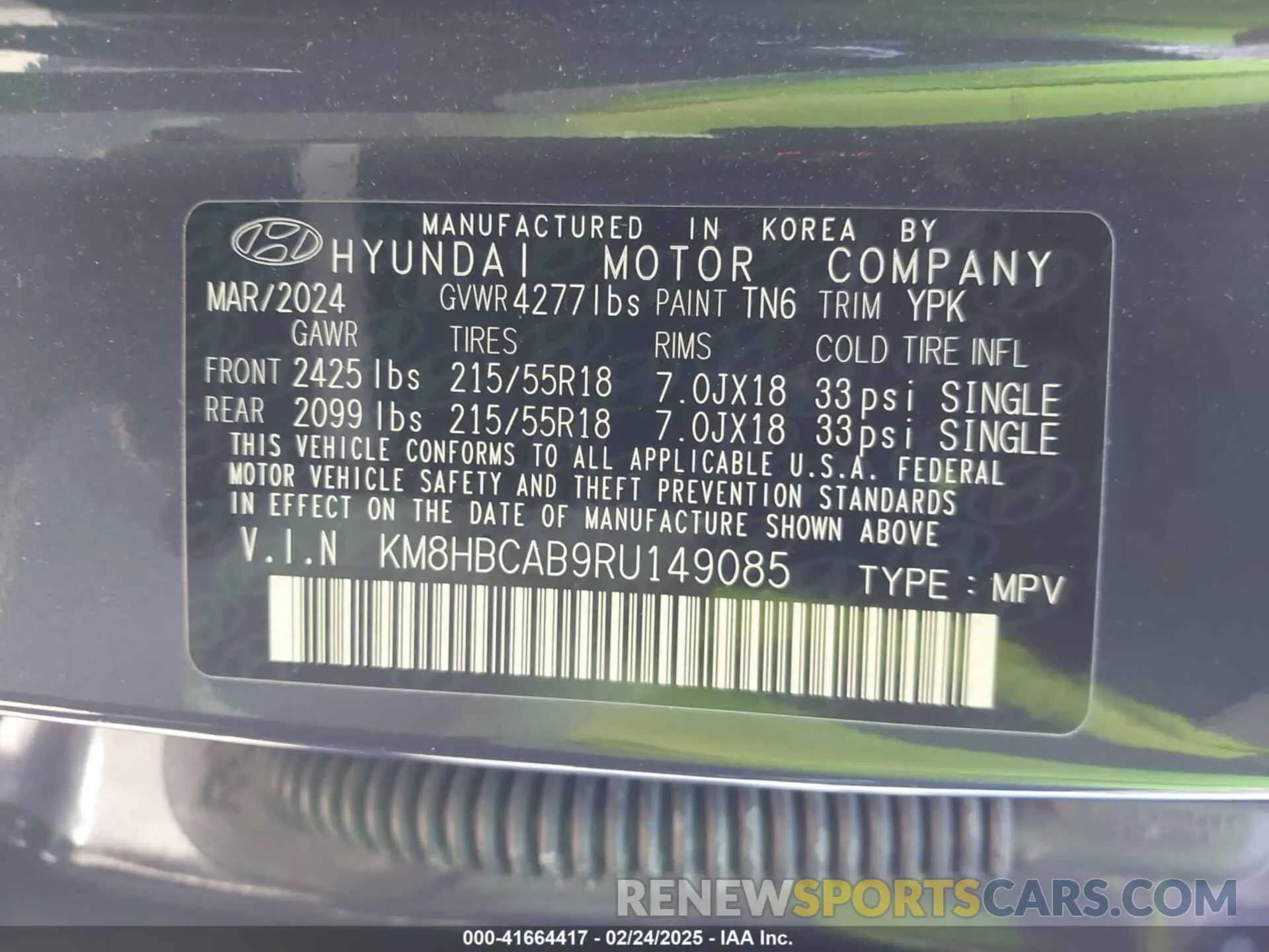 9 fotografías del automóvil dañado KM8HBCAB9RU149085 HYUNDAI KONA 2024