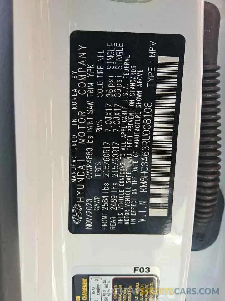12 fotografías del automóvil dañado KM8HC3A63RU008108 HYUNDAI KONA 2024