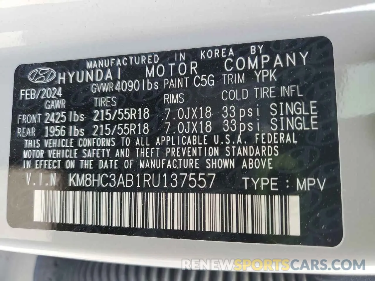 12 fotografías del automóvil dañado KM8HC3AB1RU137557 HYUNDAI KONA 2024