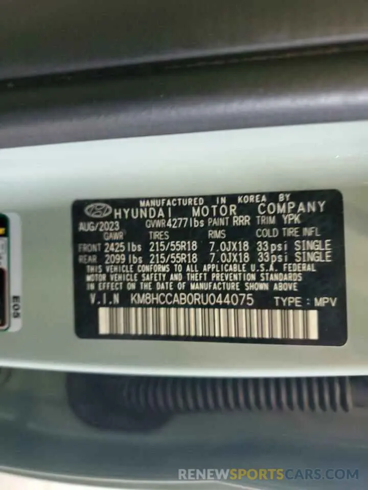 12 fotografías del automóvil dañado KM8HCCAB0RU044075 HYUNDAI KONA 2024