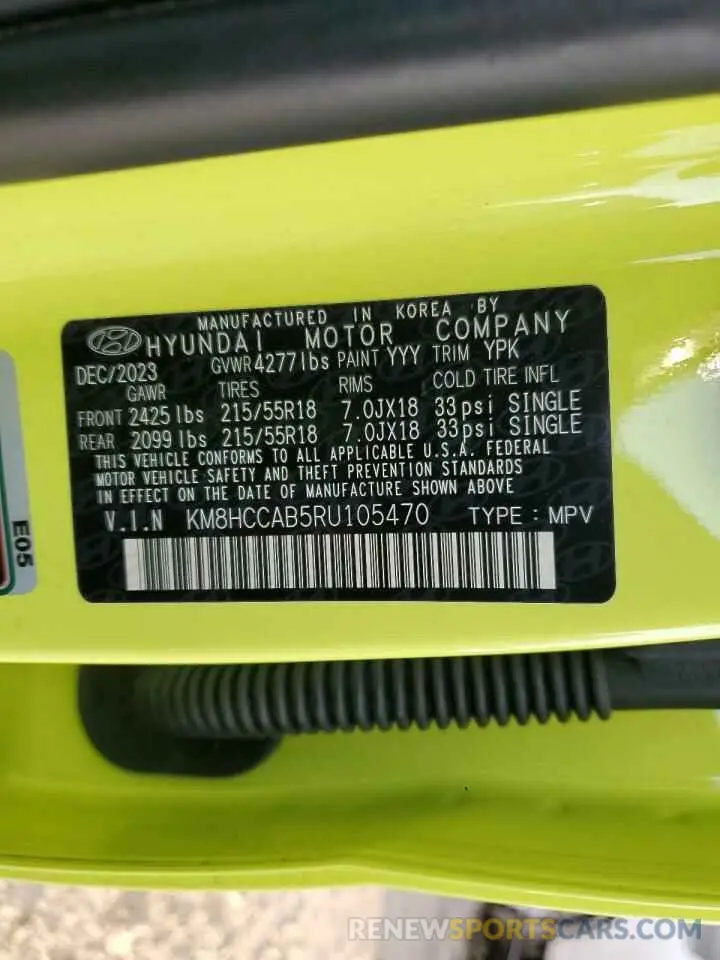 13 fotografías del automóvil dañado KM8HCCAB5RU105470 HYUNDAI KONA 2024
