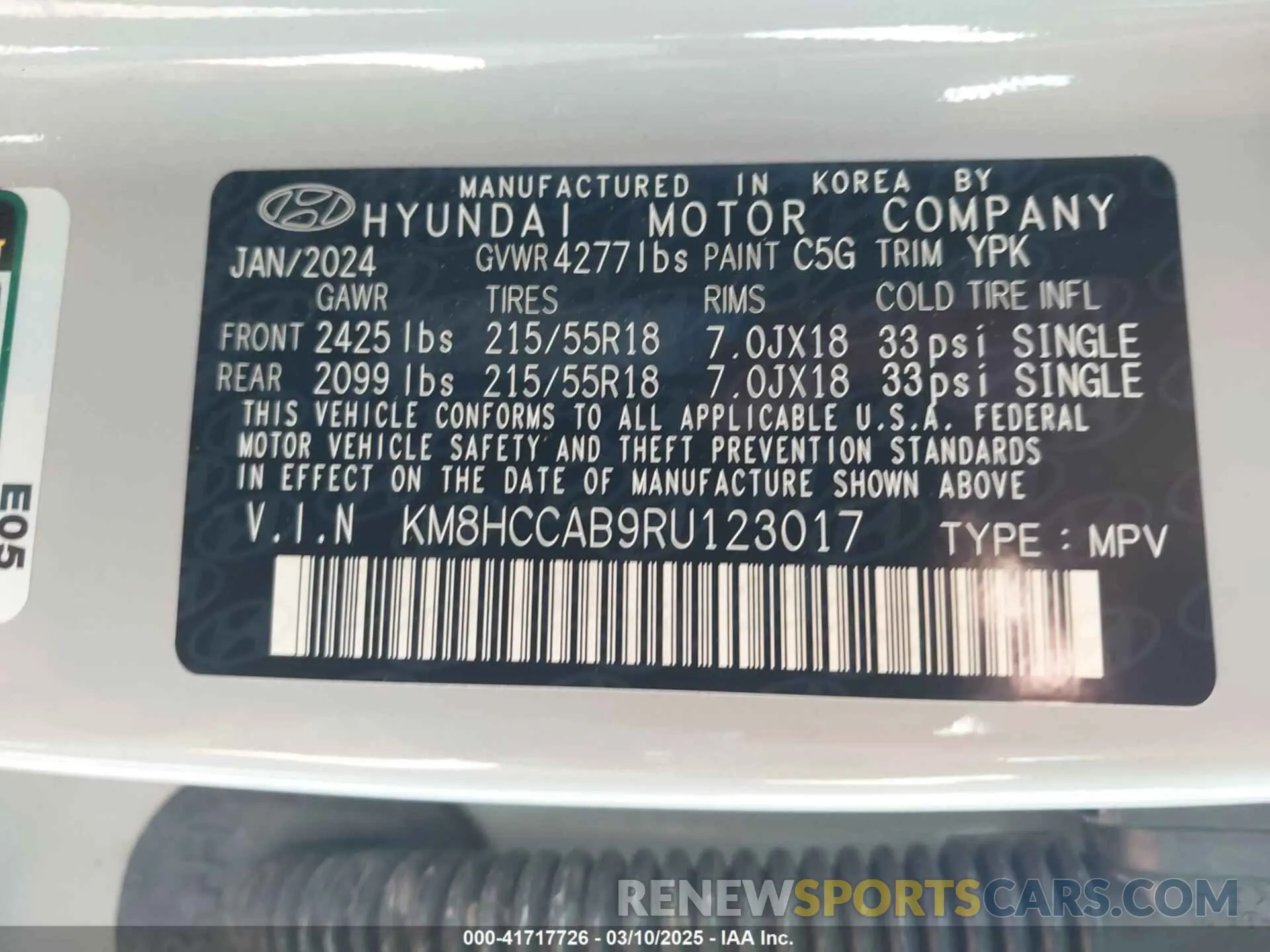9 fotografías del automóvil dañado KM8HCCAB9RU123017 HYUNDAI KONA 2024