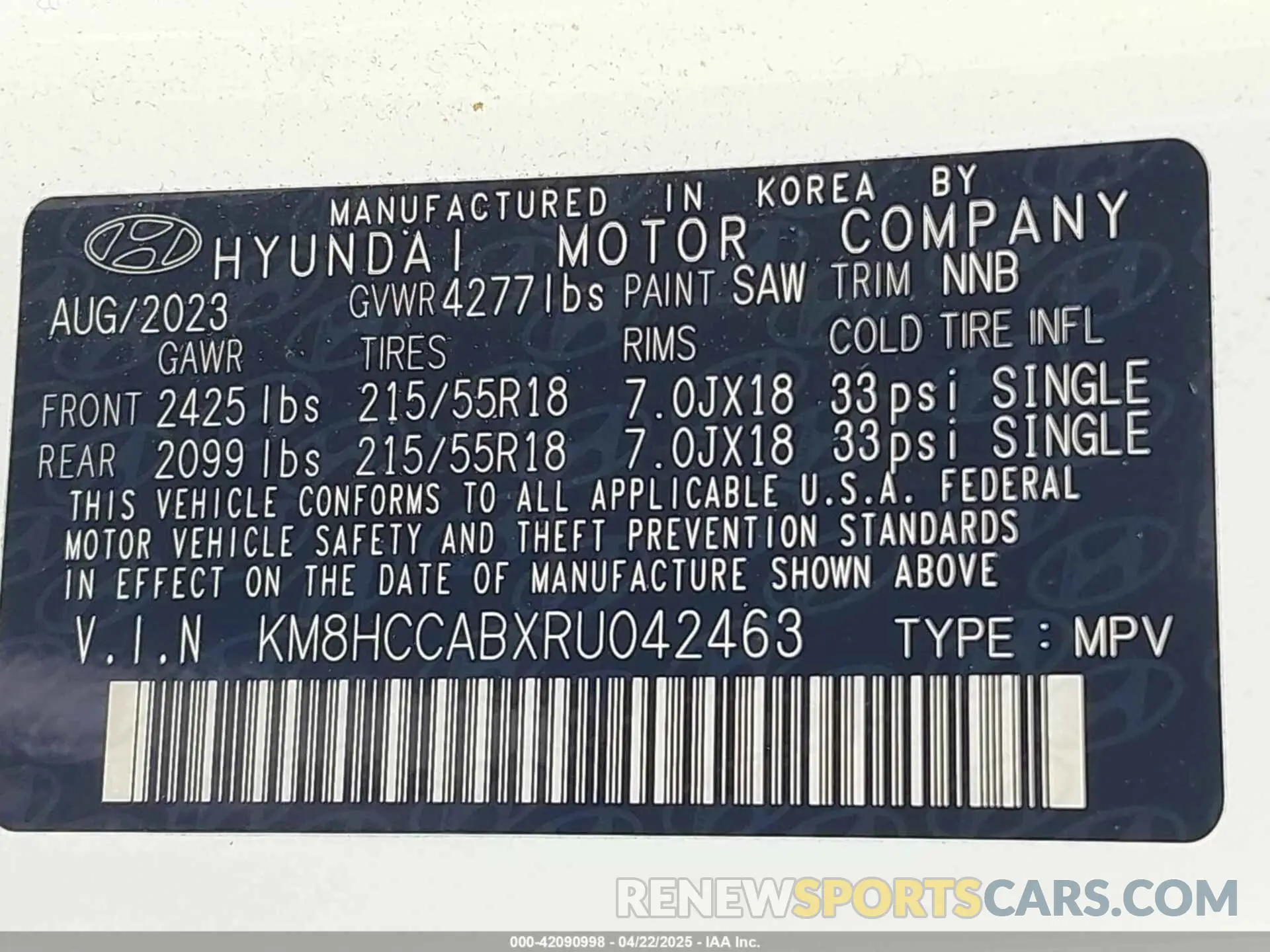 9 fotografías del automóvil dañado KM8HCCABXRU042463 HYUNDAI KONA 2024