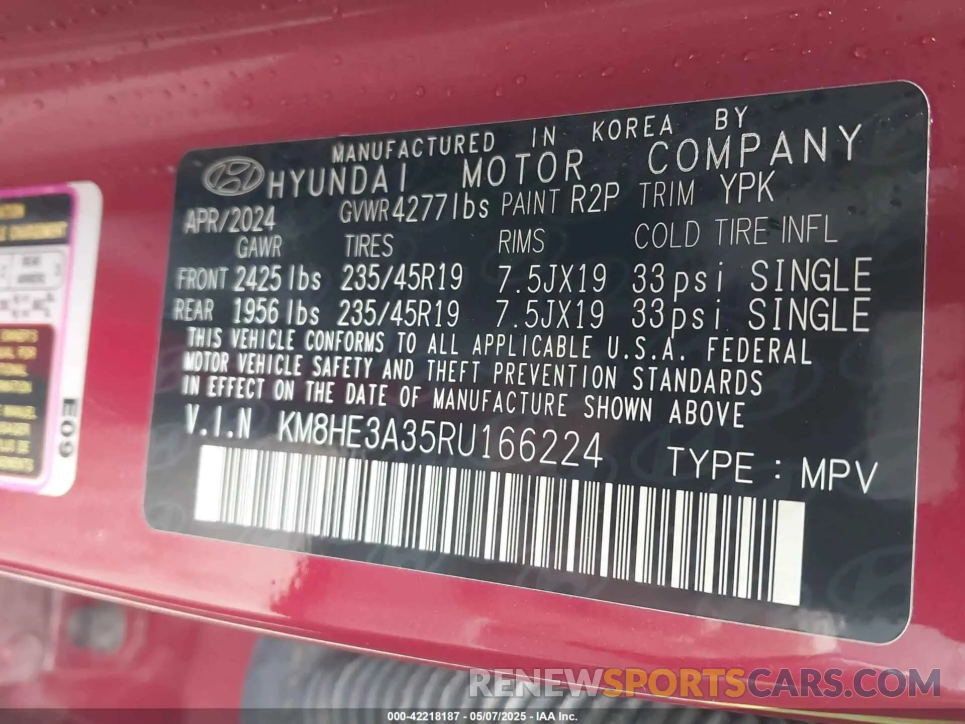 9 fotografías del automóvil dañado KM8HE3A35RU166224 HYUNDAI KONA 2024