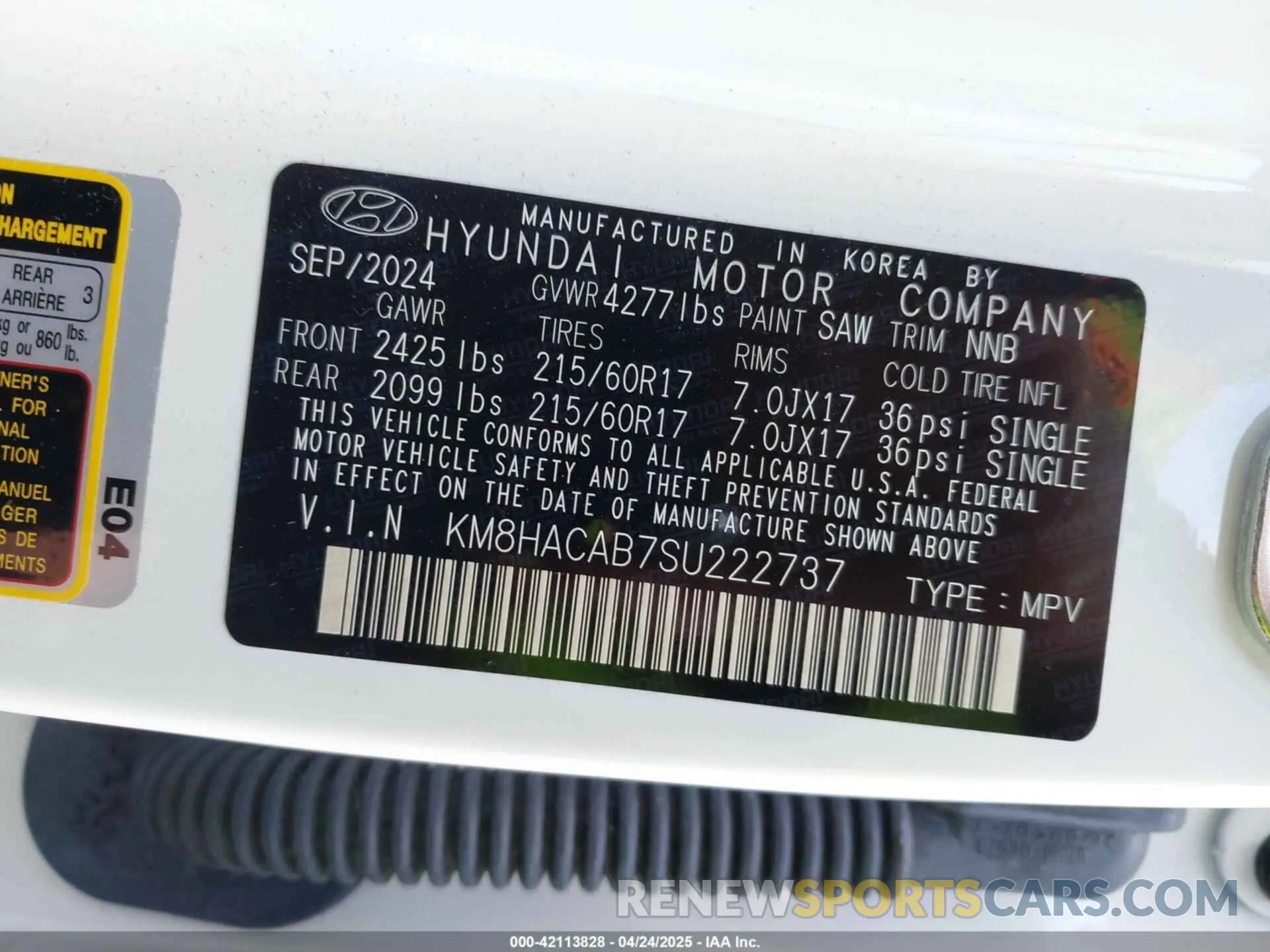 9 fotografías del automóvil dañado KM8HACAB7SU222737 HYUNDAI KONA 2025