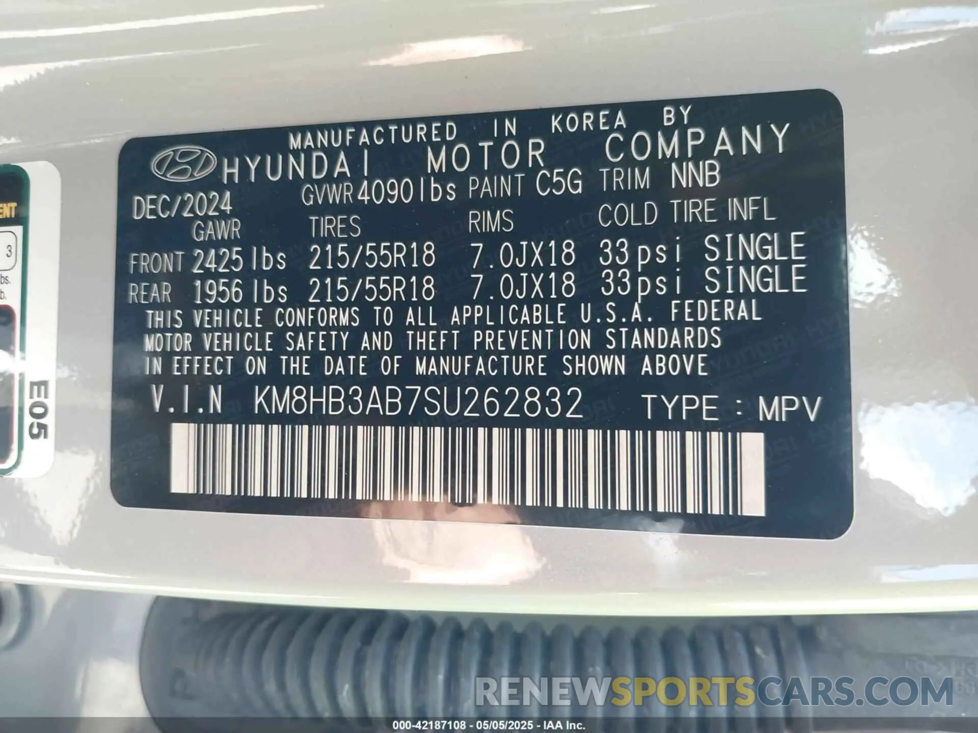 9 fotografías del automóvil dañado KM8HB3AB7SU262832 HYUNDAI KONA 2025