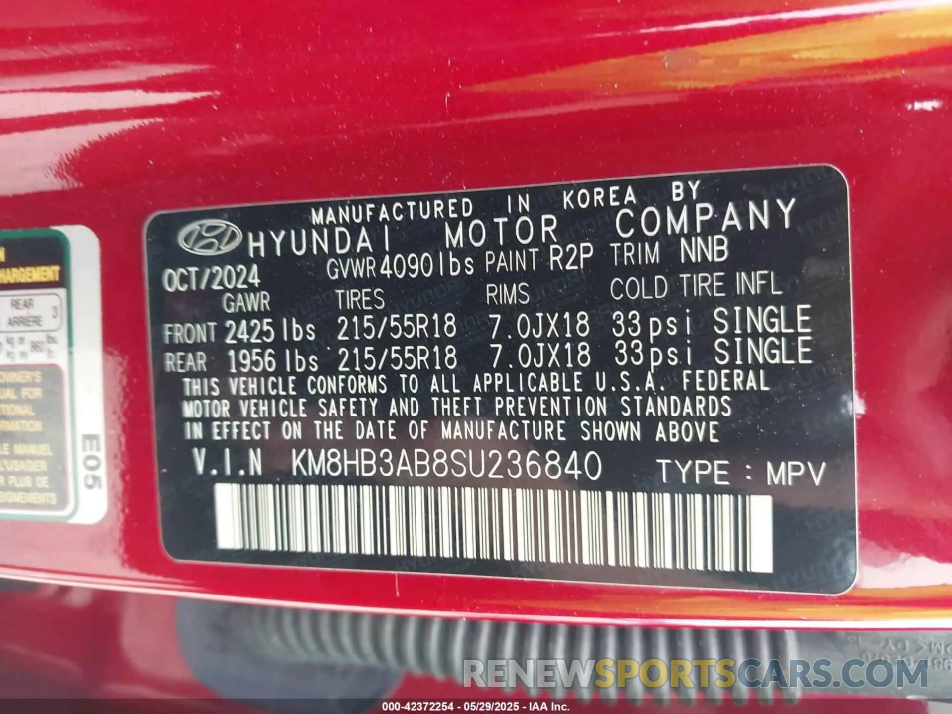 9 fotografías del automóvil dañado KM8HB3AB8SU236840 HYUNDAI KONA 2025