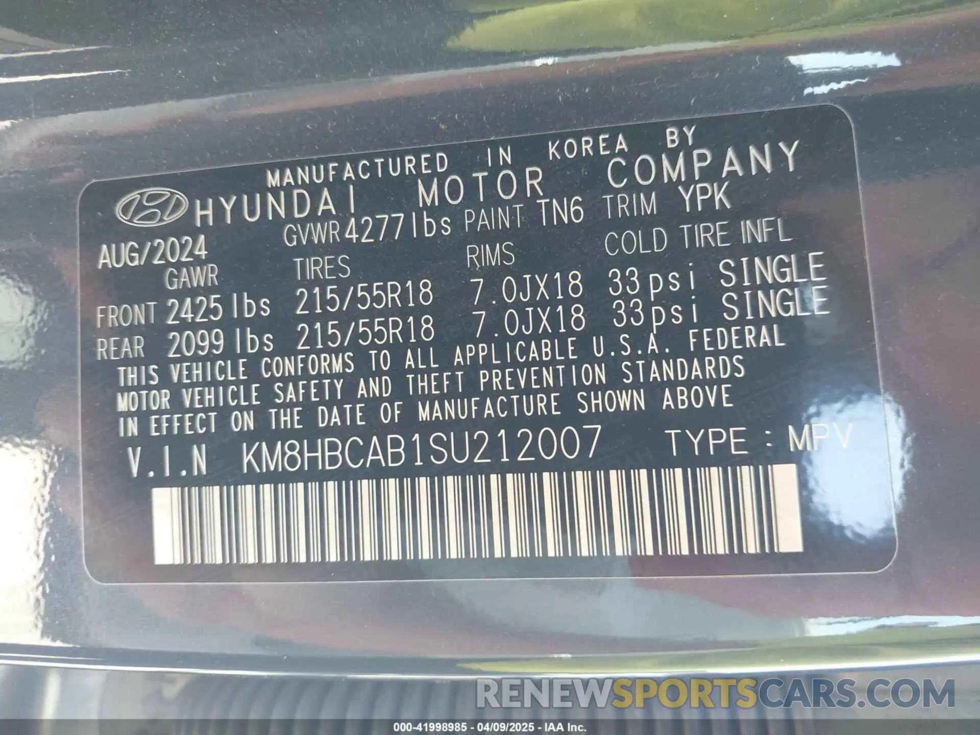 9 fotografías del automóvil dañado KM8HBCAB1SU212007 HYUNDAI KONA 2025