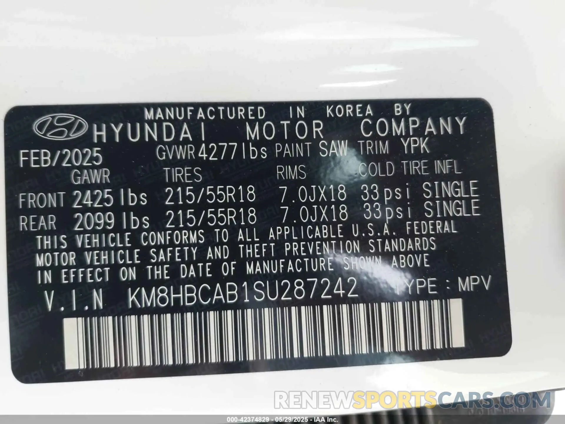 9 fotografías del automóvil dañado KM8HBCAB1SU287242 HYUNDAI KONA 2025