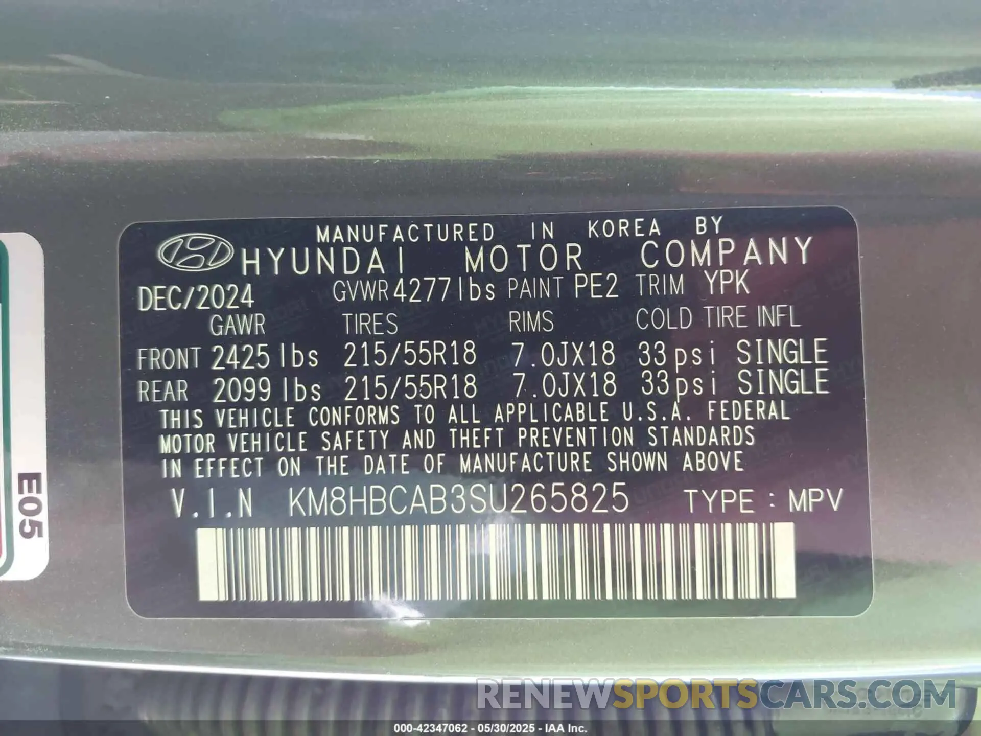 9 fotografías del automóvil dañado KM8HBCAB3SU265825 HYUNDAI KONA 2025