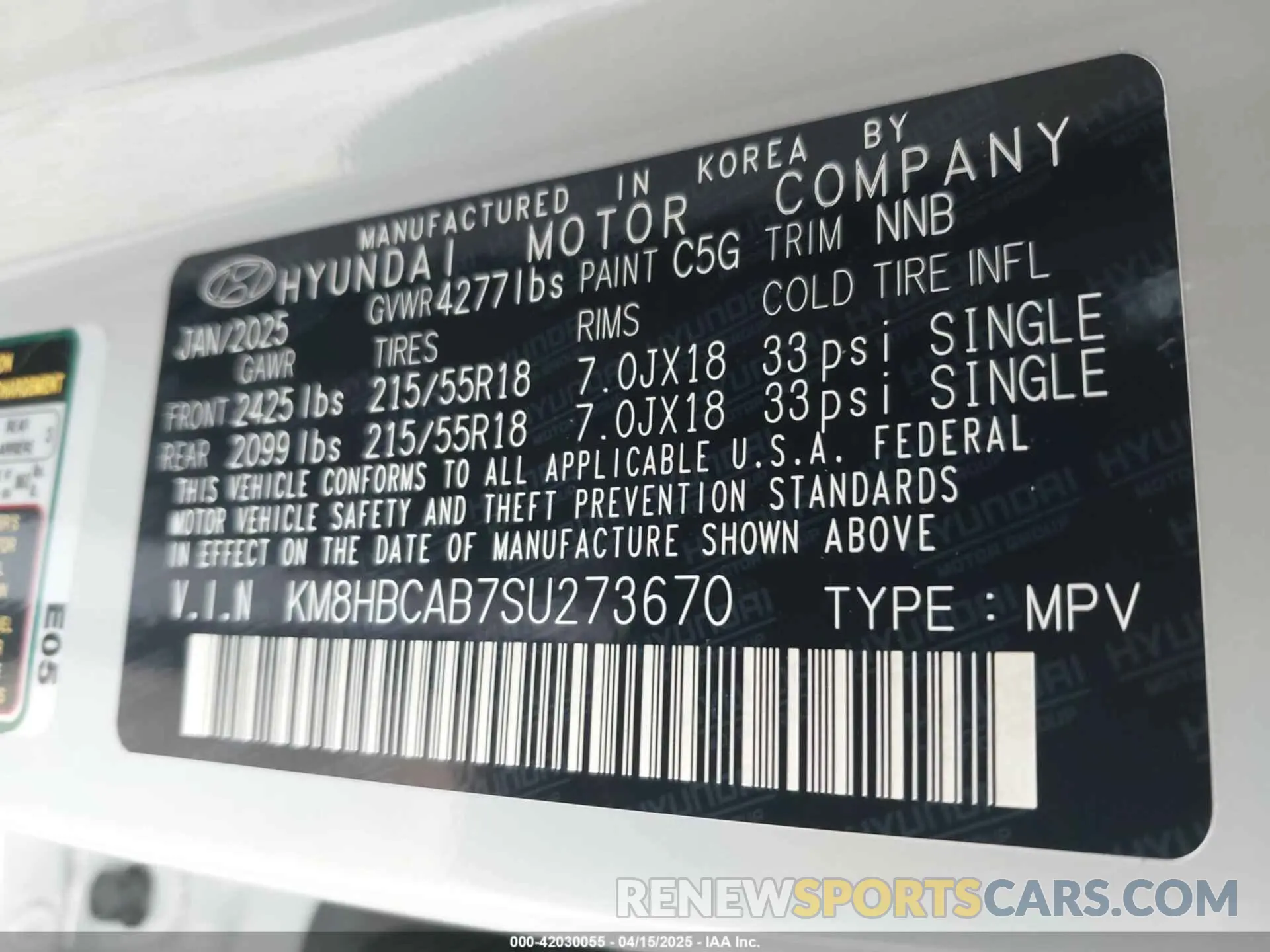 9 fotografías del automóvil dañado KM8HBCAB7SU273670 HYUNDAI KONA 2025