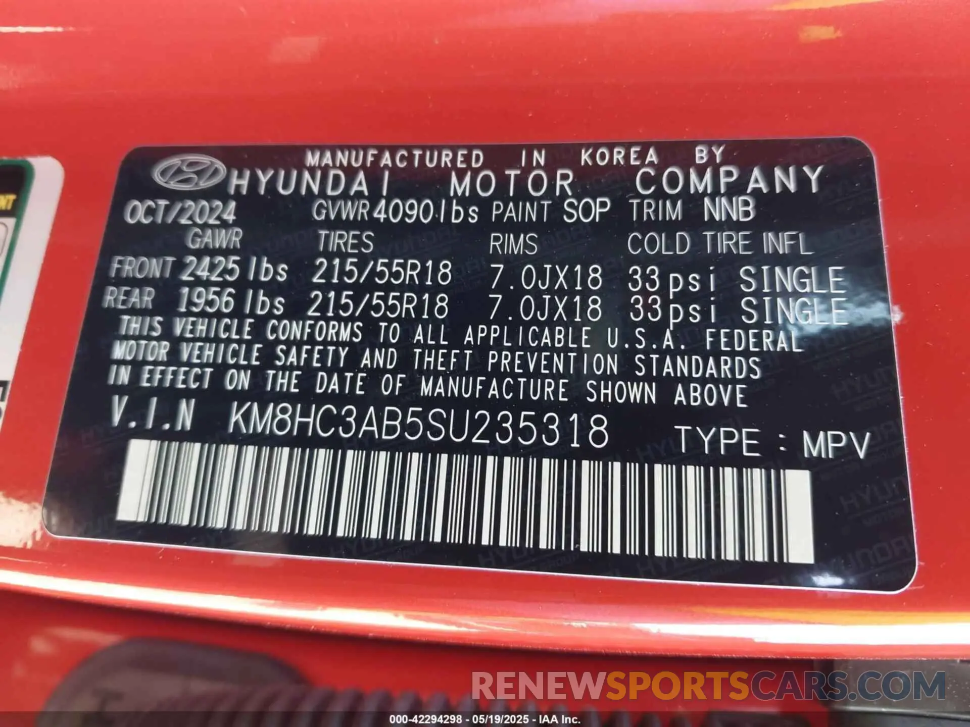9 fotografías del automóvil dañado KM8HC3AB5SU235318 HYUNDAI KONA 2025