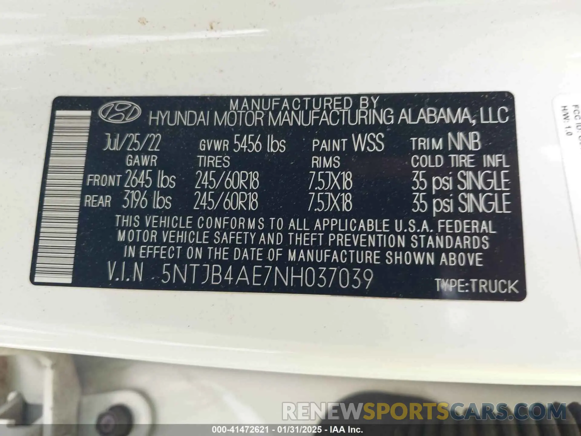 9 fotografías del automóvil dañado 5NTJB4AE7NH037039 HYUNDAI SANTA CRUZ 2022