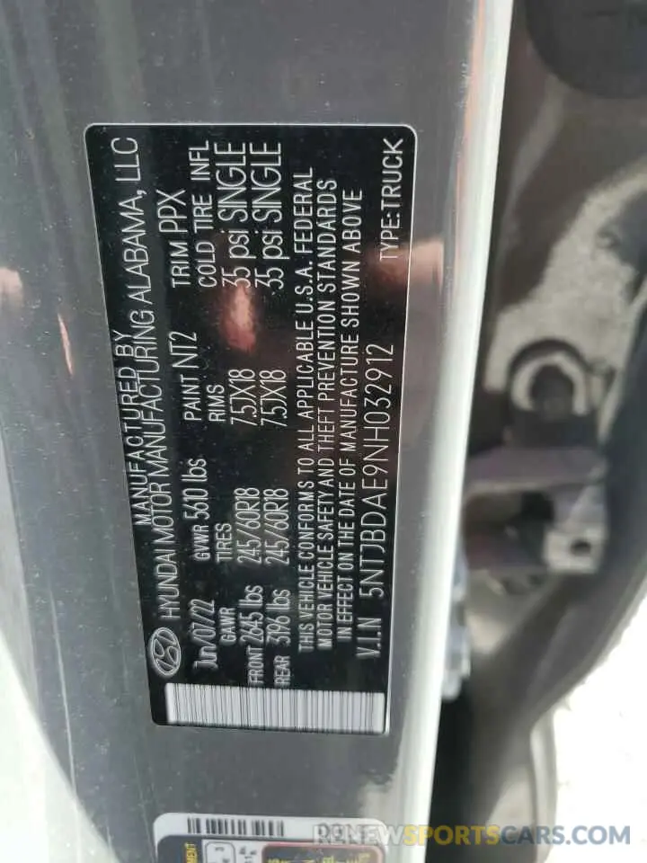 13 fotografías del automóvil dañado 5NTJBDAE9NH032912 HYUNDAI SANTA CRUZ 2022