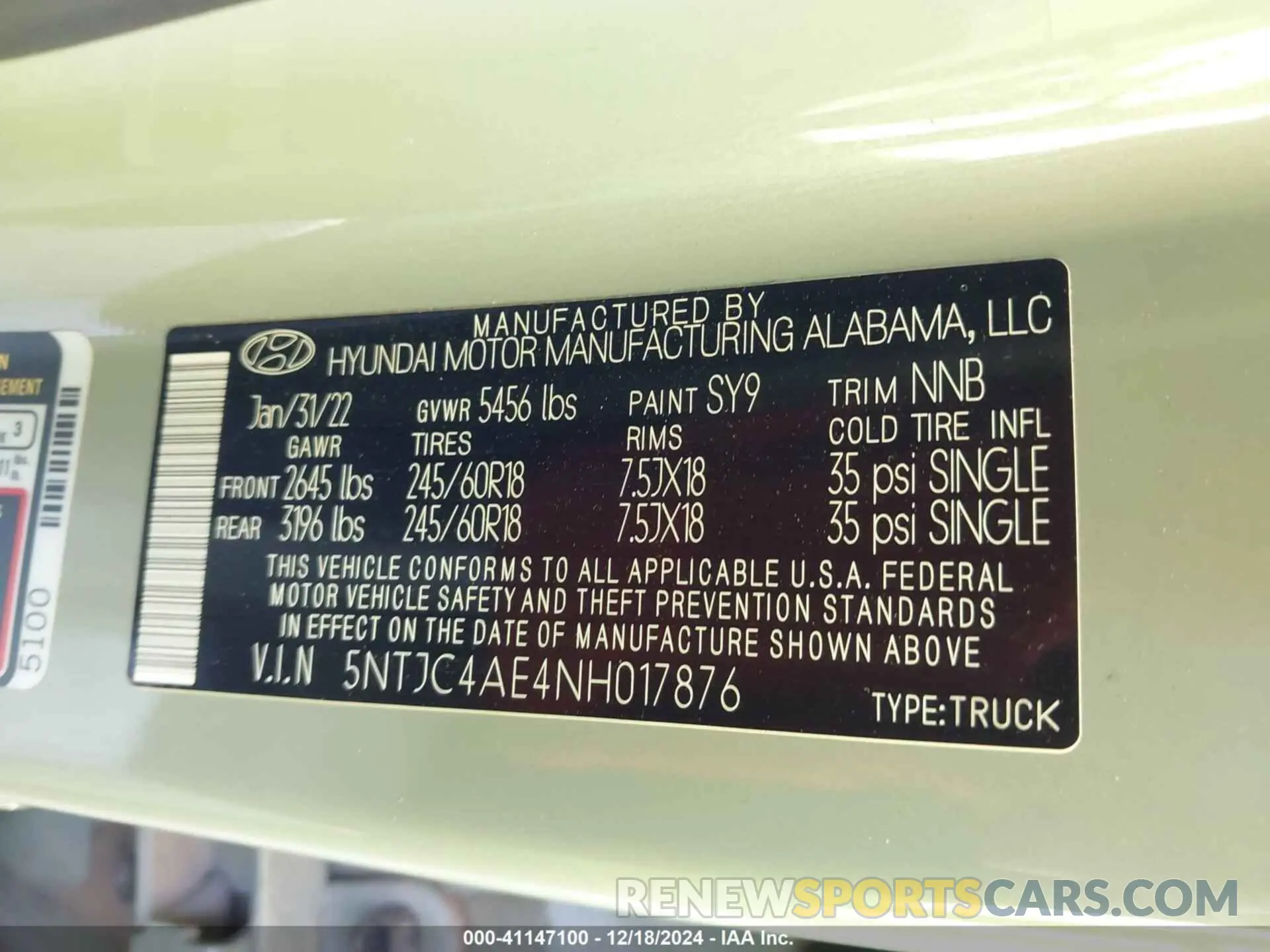 9 fotografías del automóvil dañado 5NTJC4AE4NH017876 HYUNDAI SANTA CRUZ 2022