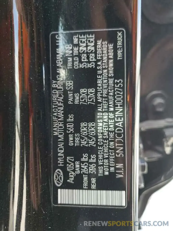 13 fotografías del automóvil dañado 5NTJCDAE1NH002753 HYUNDAI SANTA CRUZ 2022