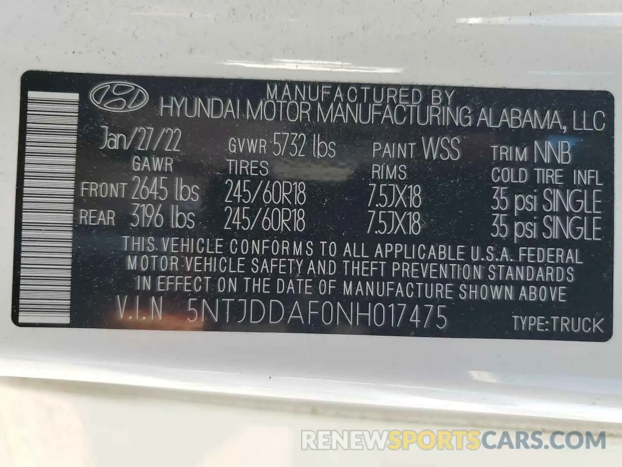 12 fotografías del automóvil dañado 5NTJDDAF0NH017475 HYUNDAI SANTA CRUZ 2022