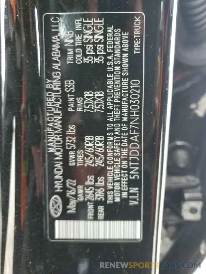 12 fotografías del automóvil dañado 5NTJDDAF7NH030210 HYUNDAI SANTA CRUZ 2022