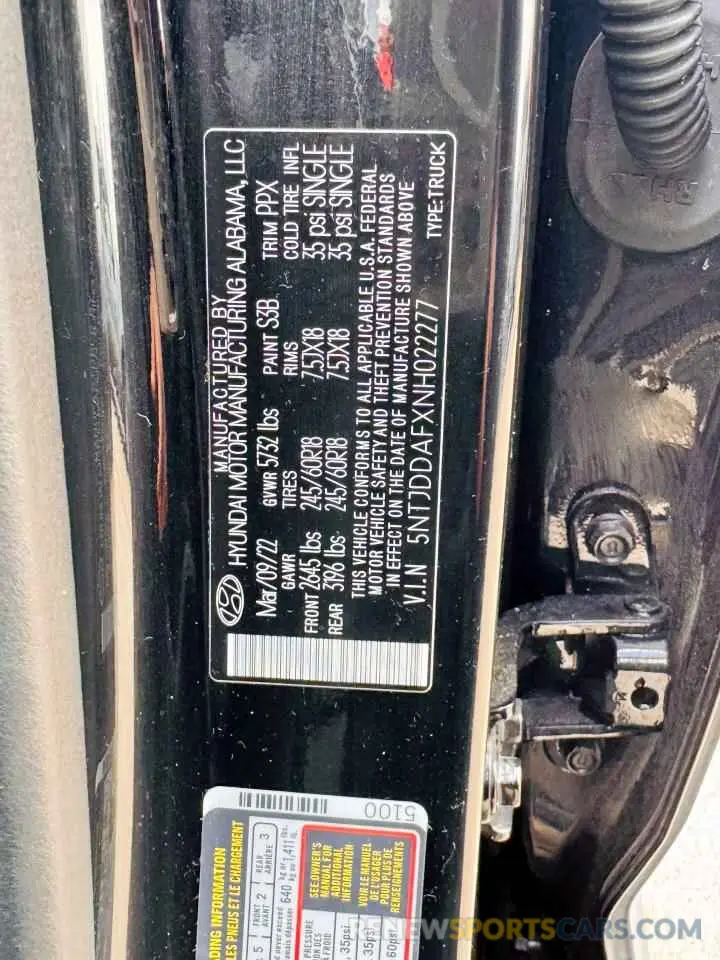10 fotografías del automóvil dañado 5NTJDDAFXNH022277 HYUNDAI SANTA CRUZ 2022