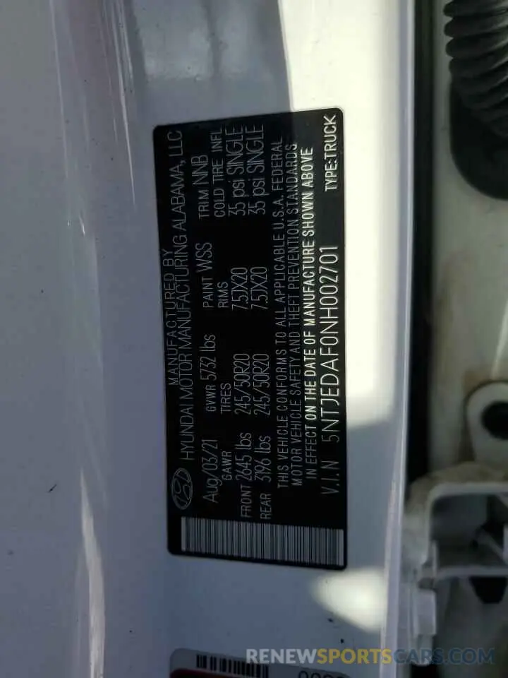 14 fotografías del automóvil dañado 5NTJEDAF0NH002701 HYUNDAI SANTA CRUZ 2022