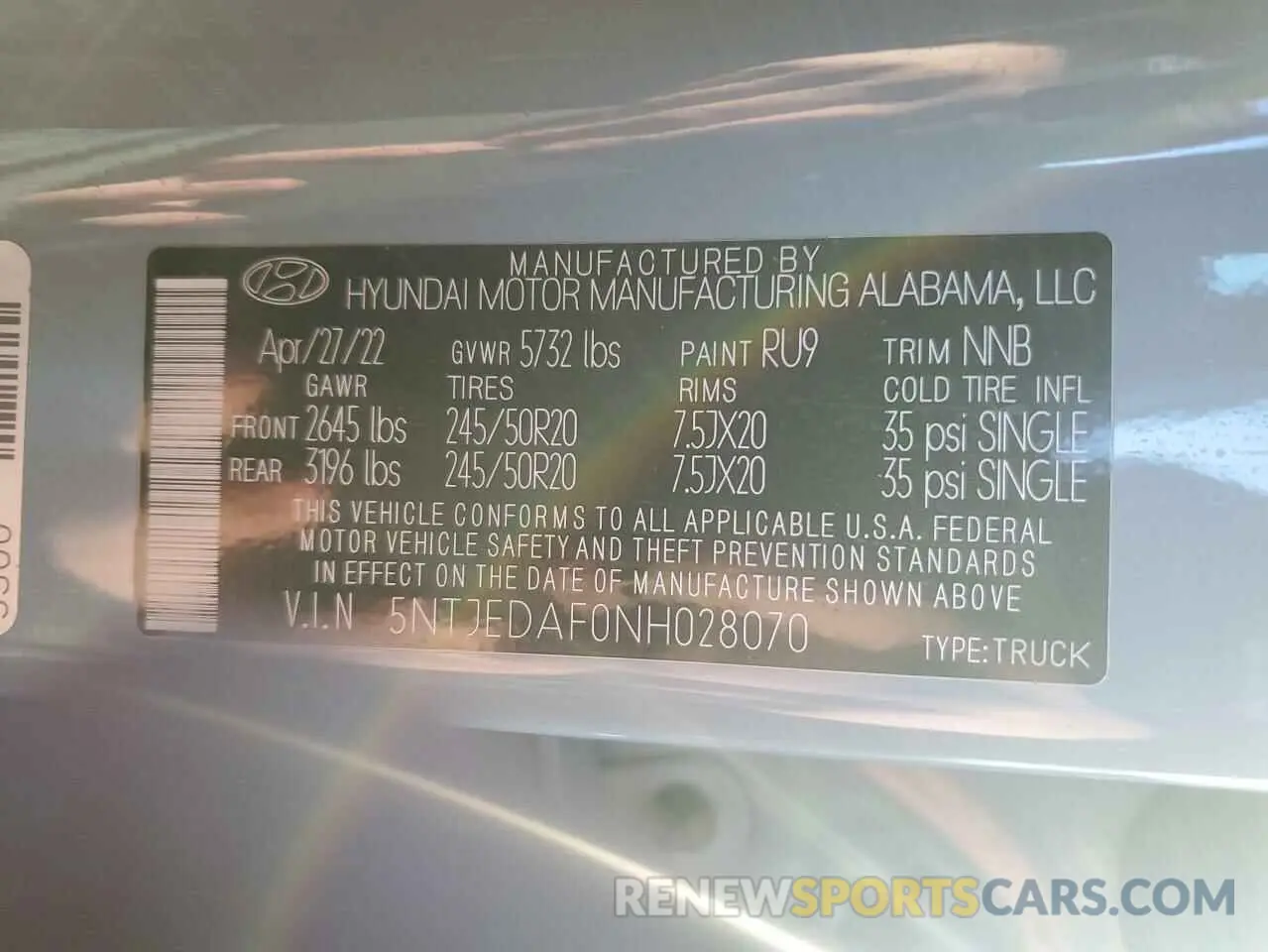 13 fotografías del automóvil dañado 5NTJEDAF0NH028070 HYUNDAI SANTA CRUZ 2022