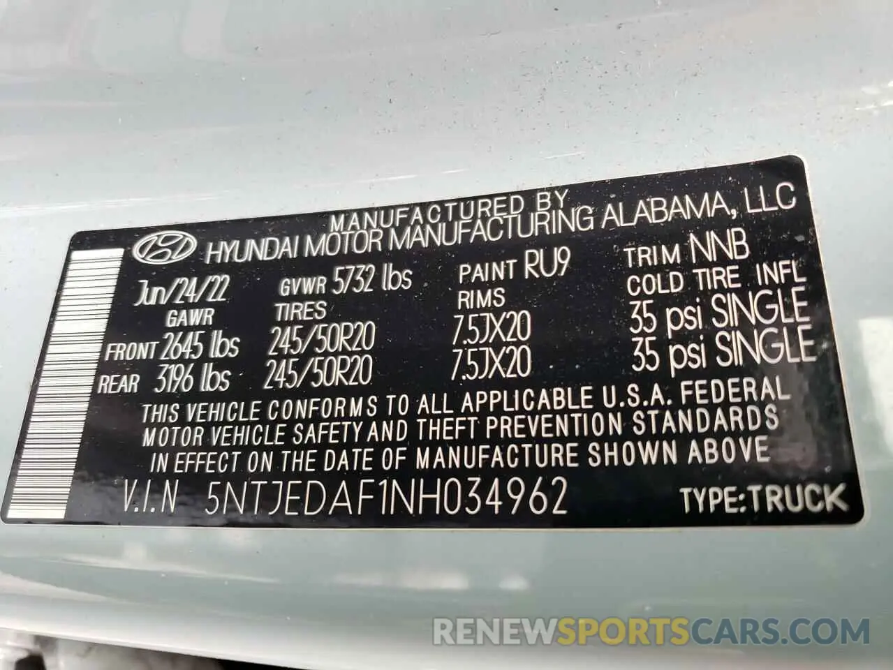 12 fotografías del automóvil dañado 5NTJEDAF1NH034962 HYUNDAI SANTA CRUZ 2022