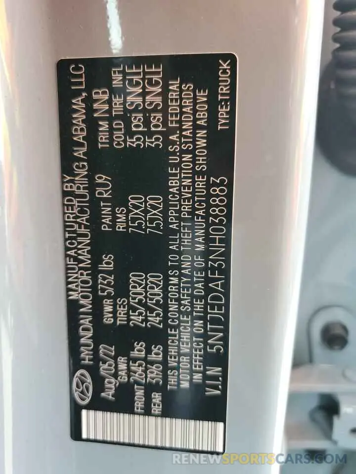 12 fotografías del automóvil dañado 5NTJEDAF3NH038883 HYUNDAI SANTA CRUZ 2022