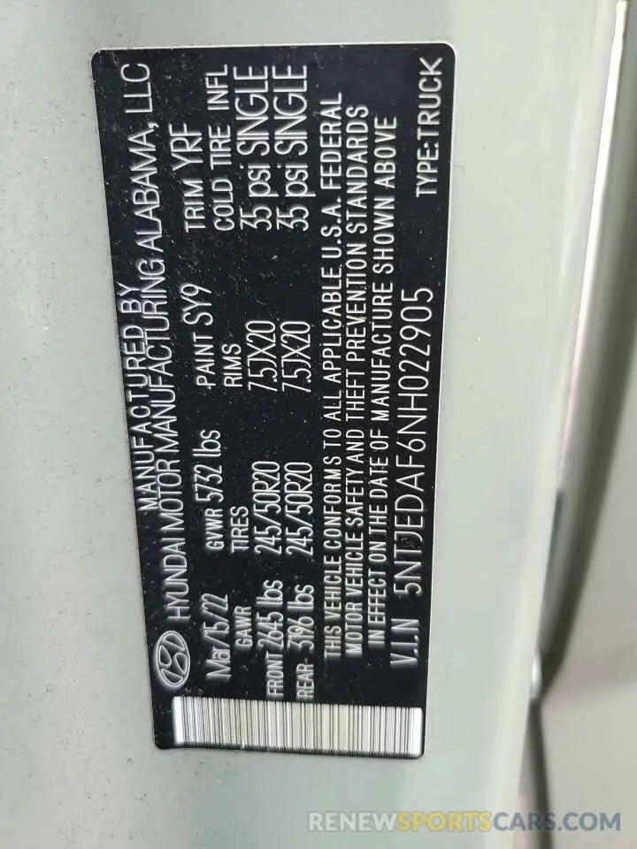 12 fotografías del automóvil dañado 5NTJEDAF6NH022905 HYUNDAI SANTA CRUZ 2022