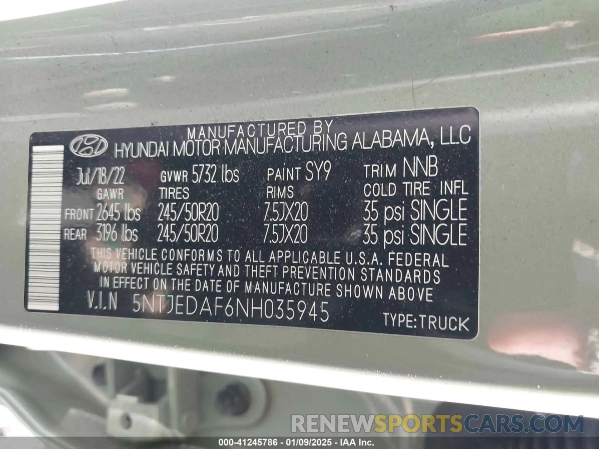 9 fotografías del automóvil dañado 5NTJEDAF6NH035945 HYUNDAI SANTA CRUZ 2022