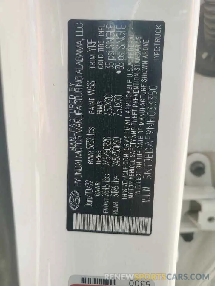 12 fotografías del automóvil dañado 5NTJEDAF9NH033350 HYUNDAI SANTA CRUZ 2022