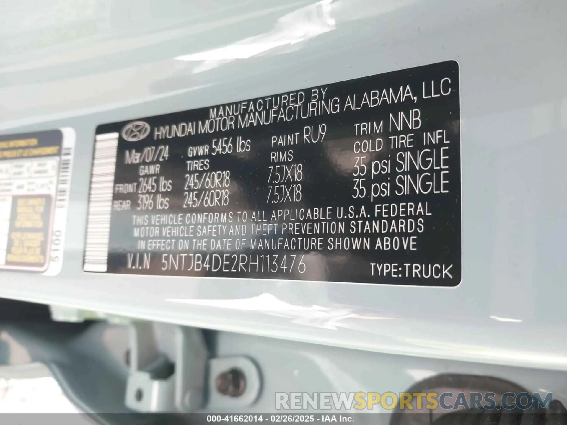9 fotografías del automóvil dañado 5NTJB4DE2RH113476 HYUNDAI SANTA CRUZ 2024