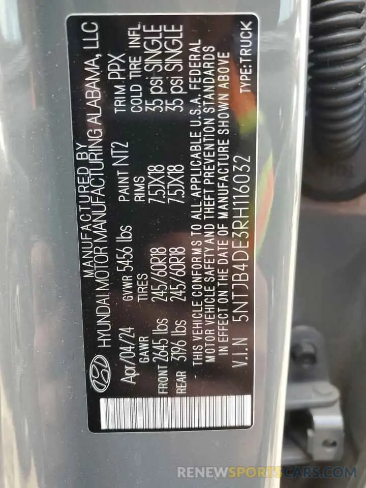 12 fotografías del automóvil dañado 5NTJB4DE3RH116032 HYUNDAI SANTA CRUZ 2024